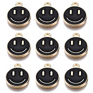 Alloy Enamel Charms, Flat Round with Smiling Face, Black, 14.5x12x1.5mm, Hole: 1.5mm(ENAM-YW0001-97-A)