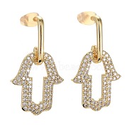 Brass Micro Pave Clear Cubic Zirconia Dangle Stud Earrings, with Ear Nuts, Hamsa Hand/Hand of Fatima/Hand of Miriam, Real 18K Gold Plated, 32mm, Pin: 0.7mm(EJEW-F256-04G)
