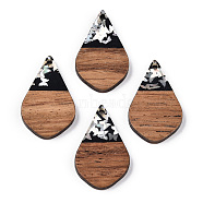 Opaque Resin & Walnut Wood Pendants, Teardrop Charms with Butterfly Paillettes, Waxed, Silver, 28x18x3.5mm, Hole: 1.8mm(RESI-N039-60B)