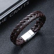 Leather Woven Flat Cord Bracelets, with Magnetic Clasp, Coconut Brown, 8-7/8 inch(22.5cm)(PW-WG42872-02)