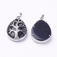 Synthetic Blue Goldstone Pendants, with Brass Findings, teardrop, Platinum, 39x26x7~9mm, Hole: 5x7mm(G-E421-04P)