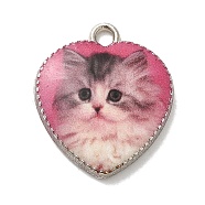 Alloy Pendant, Heart with Cat, Platinum, Camellia, 21x18x2.5mm, Hole: 2mm(FIND-H045-08P-06)