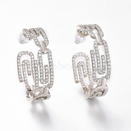 Brass Micro Pave Clear Cubic Zirconia Clip Shape Half Hoop Earrings, Stud Earrings, with Plastic Ear Nuts, Long-Lasting Plated, Platinum, 31x7.5mm, Pin: 1mm(ZIRC-I049-30P)