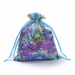 Organza Gift Bags, Drawstring Bags, with Colorful Coral Pattern, Rectangle, Dark Turquoise, 9x7cm(X-OP-Q051-7x9-01)