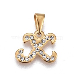 304 Stainless Steel Pendants, with Rhinestone, Letter, Letter.X, 14.5x18x2mm, Hole: 3~3.5x7.5~8mm(STAS-F202-16G-X)