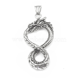 304 Stainless Steel Big Pendants, Dragon Charm, Antique Silver, 57.5x28x6mm, Hole: 4x7.5mm(STAS-G303-44AS)