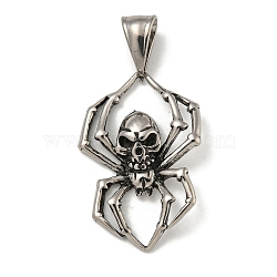 316 Surgical Stainless Steel Pendants, Spider with Skull Charm, Antique Silver, 32x21x4.5mm, Hole: 4x8mm(STAS-Z073-111AS)