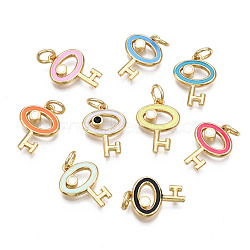 Brass Enamel Pendants, with Jump Rings, Cadmium Free & Nickel Free & Lead Free, Real 16K Gold Plated, Light Gold, Key, Mixed Color, 15x11x2mm, Jump Ring: 5x1mm, 3mm inner diameter(KK-Q283-019-NR)