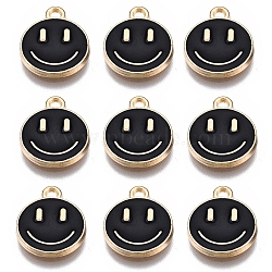 Alloy Enamel Charms, Flat Round with Smiling Face, Black, 14.5x12x1.5mm, Hole: 1.5mm(ENAM-YW0001-97-A)