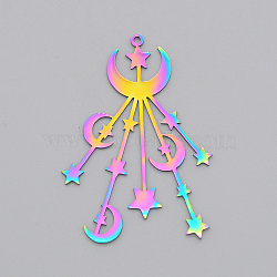 Ion Plating(IP) 201 Stainless Steel Big Pendants, Laser Cut, Moon with Star, Rainbow Color, 53x36.5x1mm, Hole: 1.6mm(STAS-S105-LA583)
