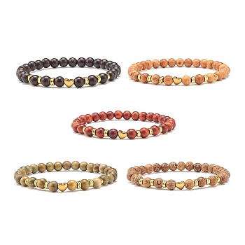 Natural Wood Round Beads Stretch Bracelet, Non-magnetic Synthetic Hematite Heart Beads Energy Power Bracelet for Women, Mixed Color, Inner Diameter: 2-1/4 inch(5.6cm)