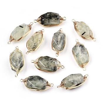 Natural Prehnite Links connectors, Wire Wrapped Links, with Golden Tone Brass Wires, Faceted, Oval, 23~24x9x8mm, Hole: 1.4mm