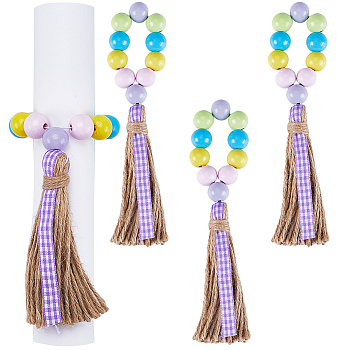 Easter Wood Beaded Napkin Rings with Tassels, Napkin Holders for Easter Festival Banquet Wedding, Colorful, 186mm