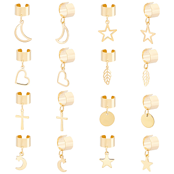 8 Pairs 8 Style 304 Stainless Steel Cuff Earrings, with Charms, Moon & Star & Leaf & Cross, Golden, 23~26mm, 1pair/style