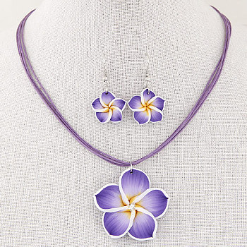 Flower Polymer Clay with Wax Cord Pendant Necklaces & Dangle Earrings Sets, Blue Violet, 400mm