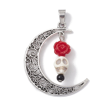 Halloween Synthetic Turquoise Skull Pendants, Alloy Hollow Moon Charms with Resin Rose, Antique Silver, Red, 41x35x8mm, Hole: 7x4mm
