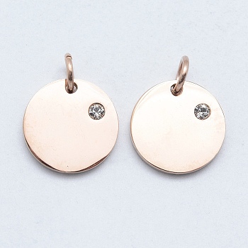 316 Surgical Stainless Steel Pendants, with Cubic Zirconia, Flat Round, Clear, Real Rose Gold Plated, 12x2mm, Hole: 3mm