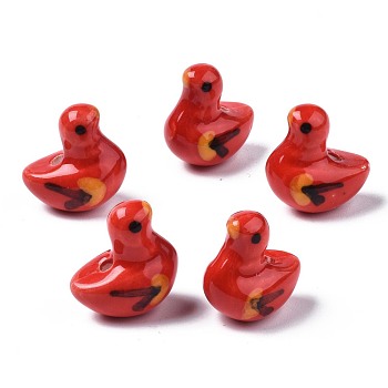 Handmade Porcelain Beads, Famille Rose Style, Pigeon, Red, 18x16.5~17x11~11.5mm, Hole: 2mm