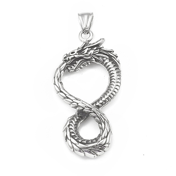 304 Stainless Steel Big Pendants, Dragon Charm, Antique Silver, 57.5x28x6mm, Hole: 4x7.5mm