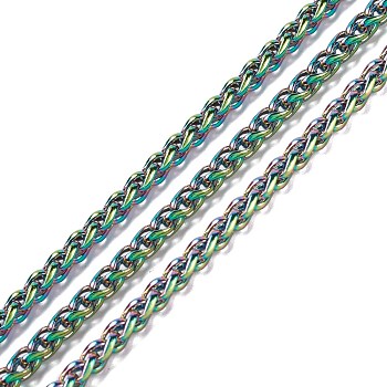 Ion Plating(IP) 304 Stainless Steel Wheat Chains, Unwelded, with Spool, Rainbow Color, 5x3x1mm, about 65.61 Feet(20m)/roll