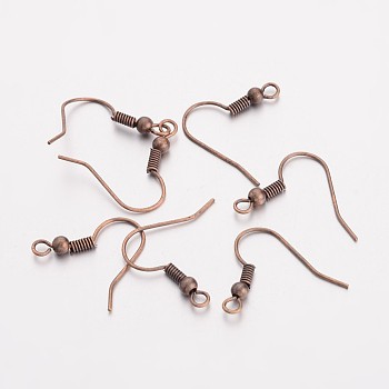 Brass Earring Hooks, Ear Wire, with Horizontal Loop, Nickel Free, Red Copper, 17~19x16~18x0.8mm, Hole: 2mm