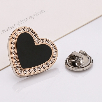 Plastic Brooch, Alloy Pin, with Enamel, for Garment Accessories, Heart, Black, 21mm