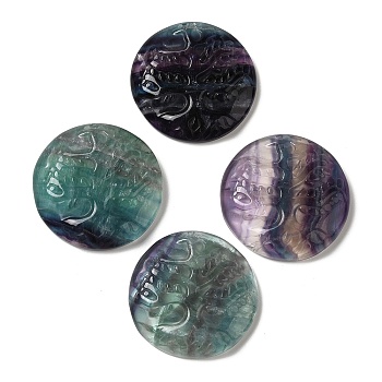 Natural Fluorite Pendants, Flat Round Charms with Engraved Tree of Life, 35~37x7.5~9.5mm, Hole: 1.5mm