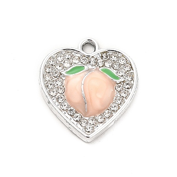 Alloy Enamel Pendants, with Rhinestone, Heart with Peach Charm, Platinum, 17.5x16x3.3mm, Hole: 1.8mm