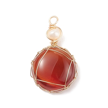 Natural Agate Pendants, with Golden Tone Copper Wire Wrapped and Natural Cultured Freshwater Pearl, Dyed & Heated, Oval, 34x21x8mm, Hole: 3.7mm