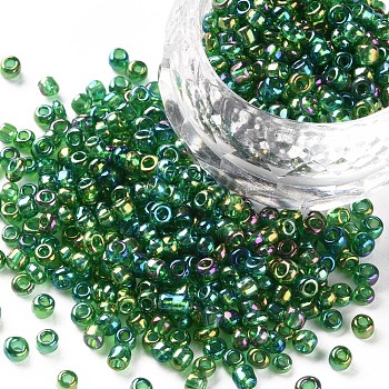 (Repacking Service Available) Round Glass Seed Beads, Transparent Colours Rainbow, Round, Green, 8/0, 3mm, about 12g/bag