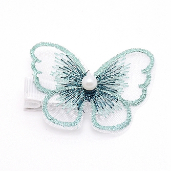 Butterfly Lace Embroidery Hair Clip, with Iron Alligator Hair Clips, Medium Aquamarine, 38x50x11mm