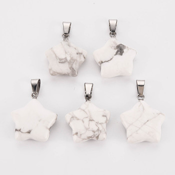 Star Natural Howlite Pendants, with Platinum Tone Brass Findings, 22~23x20~24x5~7mm, Hole: 2x7mm