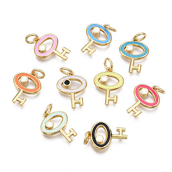 Brass Enamel Pendants, with Jump Rings, Cadmium Free & Nickel Free & Lead Free, Real 16K Gold Plated, Light Gold, Key, Mixed Color, 15x11x2mm, Jump Ring: 5x1mm, 3mm inner diameter