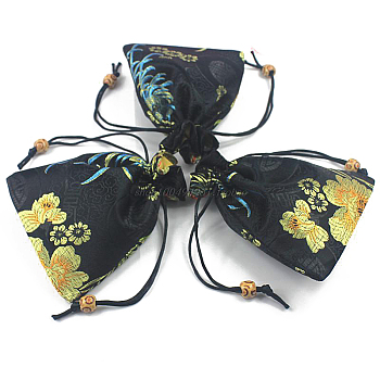 Chinese Style Flower Pattern Satin Jewelry Packing Pouches, Drawstring Gift Bags, Rectangle, Black, 14.5x10.5cm