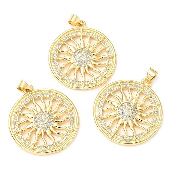 Rack Plating Brass Micro Pave Cubic Zirconia Pendants, Long-Lasting Plated, Lead Free & Cadmium Free, Flat Round with Sun, Real 18K Gold Plated, 29.5x27x3mm, Hole: 4x3.5mm