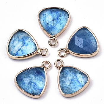 Glass Charms, with Light Gold Tone Brass Findings, Triangle, Faceted, Deep Sky Blue, 14x11x4mm, Hole: 1.5mm
