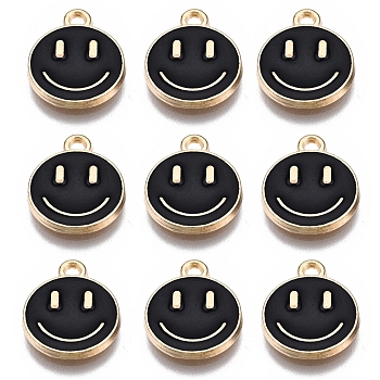 Alloy Enamel Charms, Flat Round with Smiling Face, Black, 14.5x12x1.5mm, Hole: 1.5mm