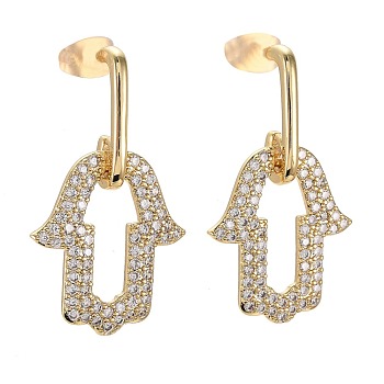 Brass Micro Pave Clear Cubic Zirconia Dangle Stud Earrings, with Ear Nuts, Hamsa Hand/Hand of Fatima/Hand of Miriam, Real 18K Gold Plated, 32mm, Pin: 0.7mm