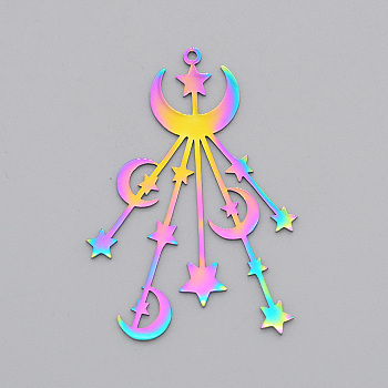 Ion Plating(IP) 201 Stainless Steel Big Pendants, Laser Cut, Moon with Star, Rainbow Color, 53x36.5x1mm, Hole: 1.6mm