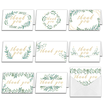SUPERDANT Thank You Theme Cards, for Birthday Thanksgiving Day, with Paper Envelopes, Rectangle with Leaf Pattern, Light Green, 10x15cm, 9pcs/set, 1set/bag