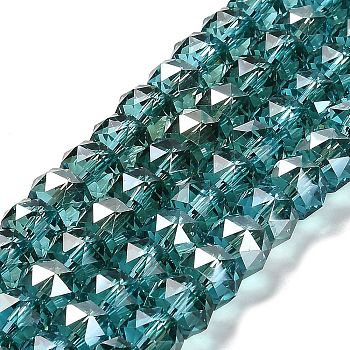 Transparent Electroplate Glass Beads Strands, Pearl Luster Plated, Faceted, Barrel, Teal, 8x6mm, Hole: 1.2mm, about 64pcs/strand, 14.96''(38cm)