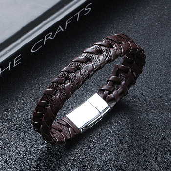 Leather Woven Flat Cord Bracelets, with Magnetic Clasp, Coconut Brown, 8-7/8 inch(22.5cm)