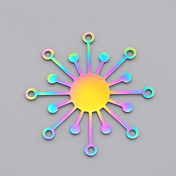Ion Plating(IP) 201 Stainless Steel Chandelier Components Links, Laser Cut, Flower, Rainbow Color, 37x37x1mm, Hole: 1.8mm