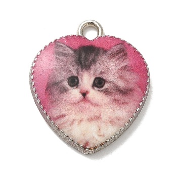 Alloy Pendant, Heart with Cat, Platinum, Camellia, 21x18x2.5mm, Hole: 2mm