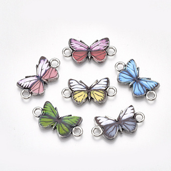 Printed Alloy Links connectors, with Enamel, Butterfly, Platinum, Mixed Color, 12x23x2mm, Hole: 2.5mm
