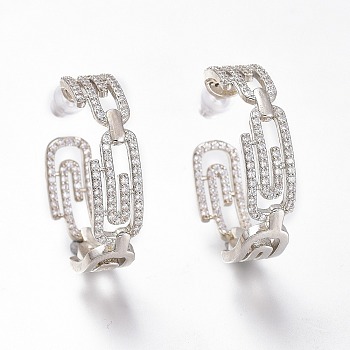 Brass Micro Pave Clear Cubic Zirconia Clip Shape Half Hoop Earrings, Stud Earrings, with Plastic Ear Nuts, Long-Lasting Plated, Platinum, 31x7.5mm, Pin: 1mm