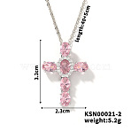 Brass Pave Cubic Zirconia Religion Cross Pendant Necklaces, Western Style Jewelry for Women Men, Platinum, Pink, 15.75 inch(40cm)(CU6638-1)