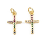 Brass Micro Pave Cubic Zirconia Pendants, Cross Charms, Cadmium Free & Lead Free, Golden, Colorful, 17x10x2mm, Hole: 3mm(CU-CBADC6C-11G-01)