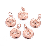 Brass Charms, with Cubic Zirconia, Flat Round with Sun, Clear, Rose Gold, 15x12x2mm, Hole: 3.5mm(ZIRC-L070-63RG)