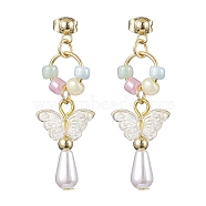 ABS Plastic Imitation Pearl & Glass Seed Earrings, with 304 Stainless Steel Earring Studs, Jewely for Women, Teardrop, Golden, 44x15mm(EJEW-JE05799)
